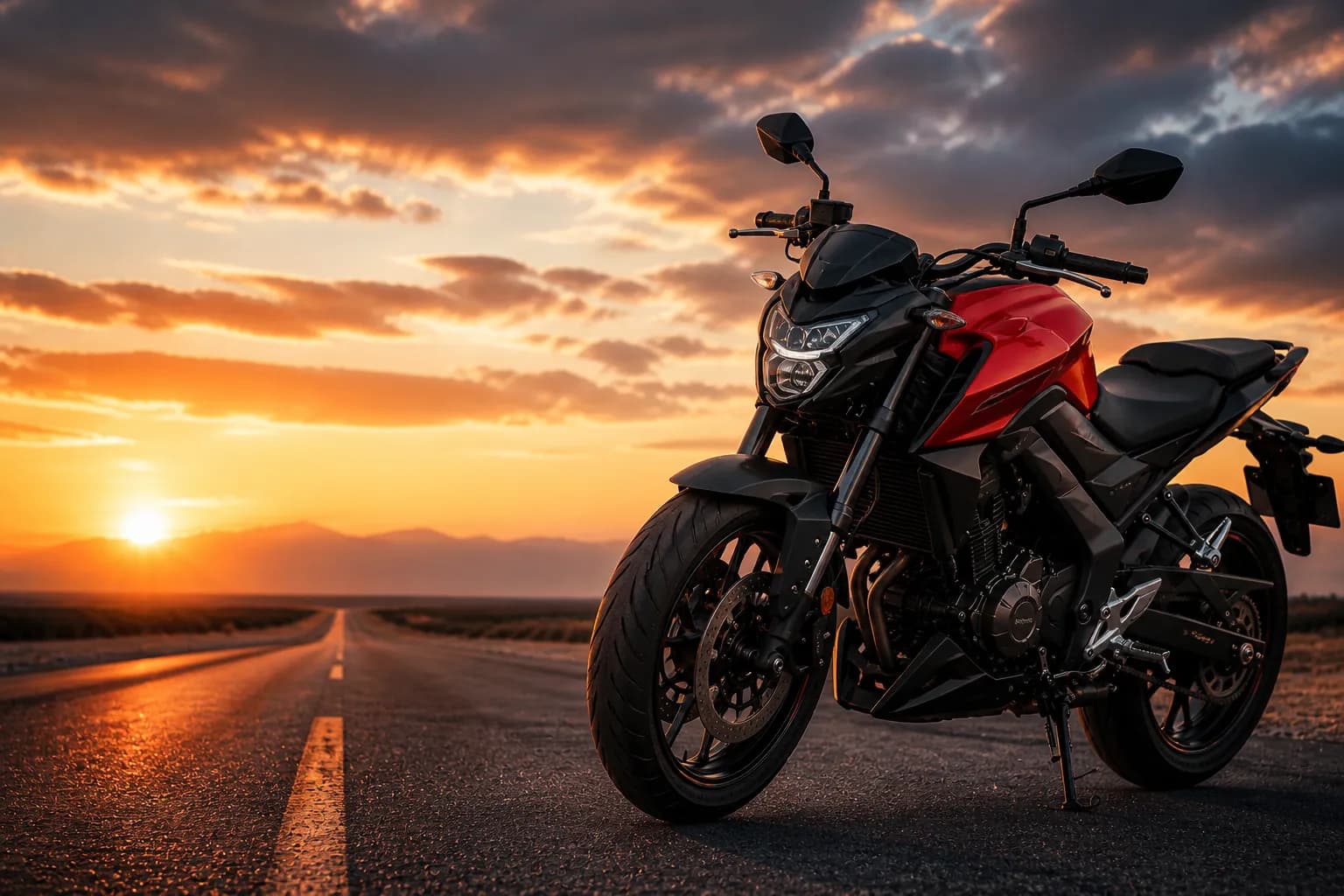 Moto en una ruta al atardecer
